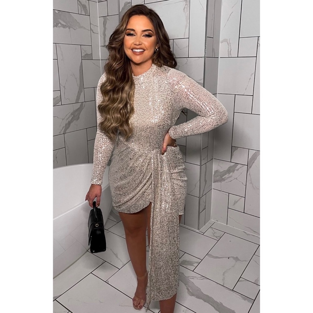 💎  JAC JOSSA SILVER SEQUIN DRAPE MINI DRESS